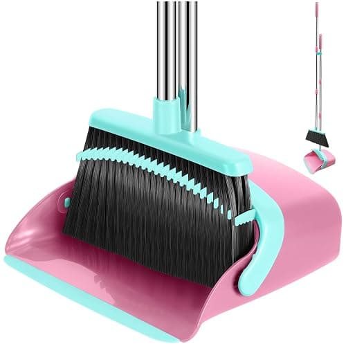 Broom and Dustpan Set, 52-in Long Adjustable Handle Broom Dustpan Combo with Dust pan Teeth to Automatically Clean Hair Suitable for Home Kitchen Office Hall Floor（Pink&Blue） - Image 1