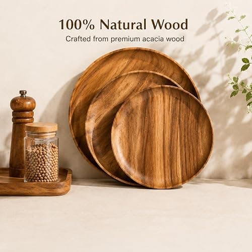 MinBoo Wooden Acacia Plates set of 3, 9-6Inch Wood Acacia Serving Trays, Farmhouse Kitchen Plates, Reusable Wooden Dishware for Dining, Appetizers, Snacks, Parties (oval) thumbnail 3