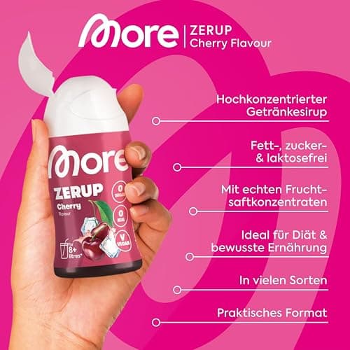 MORE Zerup, Cherry, 65 ml, für bis zu 8 l Fertiggetränk, zuckerfreier Sirup mit echten Fruchtextrakten, vegan, zero Kalorien - made in Germany thumbnail 3