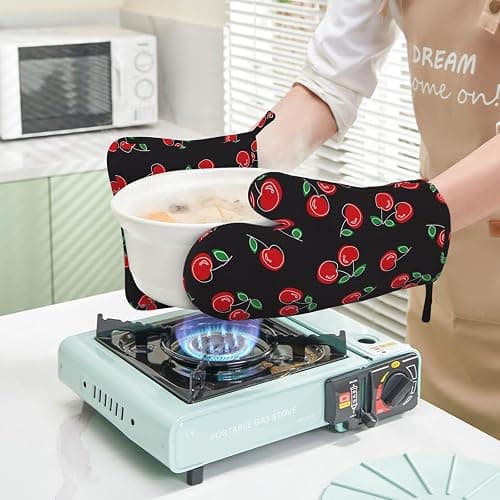Red and Black Cherry Oven Mitts and Pot Holders Sets of 4, Heat Resistant Silicone Oven Mittens and Potholders Gloves Hot Pads for Kitchen Cooking Baking Grilling BBQ Chef thumbnail 2