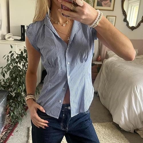 Women Y2k Plaid Button Up Shirt Cute Preppy Cap Sleeve V Neck Crop Top Coquette Babydoll Blouse Fitted Going Out Top thumbnail 3