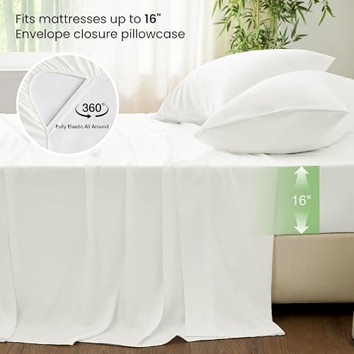 Love's cabin 6 Piece Queen Sheet Set, 100% Rayon Derived from Bamboo, Cooling & Breathable, Soft Silky Deep Pocket up to 16", Hotel Luxury Bedding for Hot Sleepers, White thumbnail 4