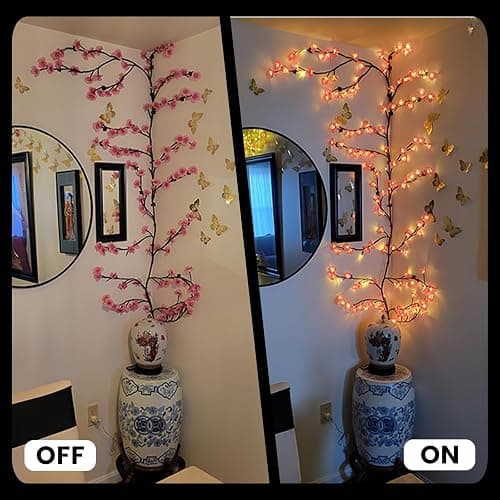 Cherry Blossom Lights with Bendable Branches for Bedroom Wall Decor | 7.55 ft, 144 LEDs, USB powered, remote control, timer, 8 modes, pink blossoms, living room, wedding and holiday decor thumbnail 6