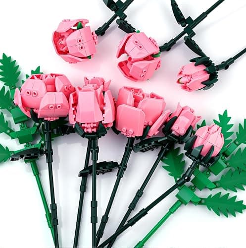Pink Rose Flower Building Set-10pcs Roses & 2pcs Leaves Botanical Collection, Artificial Flowers for Home Décor, Rose Bouquet Building Kit for Valentine’s Day Christmas Birthday Anniversary (No Vase) thumbnail 2