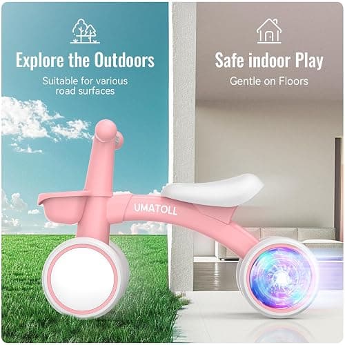 Umatoll Colorful Lighting Baby Balance Bike Toys for 1 Year Old Girl Gifts, Adjustable Seat, First Birthday Gifts, 12-24 Months Toddler Bike, Pink thumbnail 8