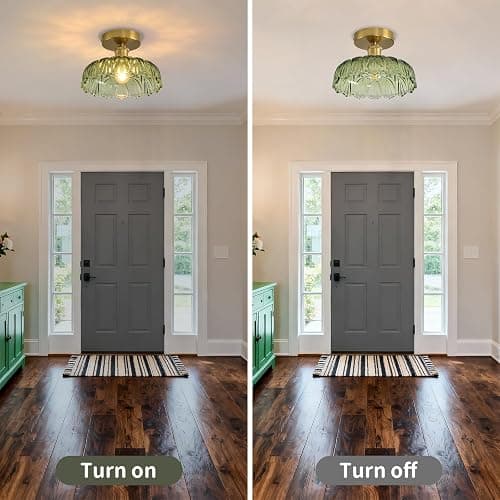 Povectolay Semi Flush Mount Ceiling Light Mid Century Modern Floral Green Glass Shade, Close to Ceiling Lighting Fixtures for Bedroom, Bathroom, Kitchen, Closet Laundry Room, Foyer and Hallway 1-Pack thumbnail 6
