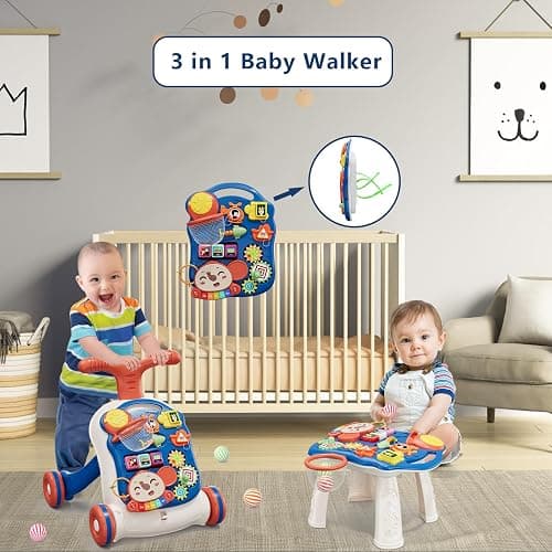 QDRAGON 3 in 1 Baby Walkers for Boys, Baby Push Walker and Activity Center, Sit to Stand Walker Toy, Early Learning Push Toys for Toddler Infant 12+ Months Blue thumbnail 3