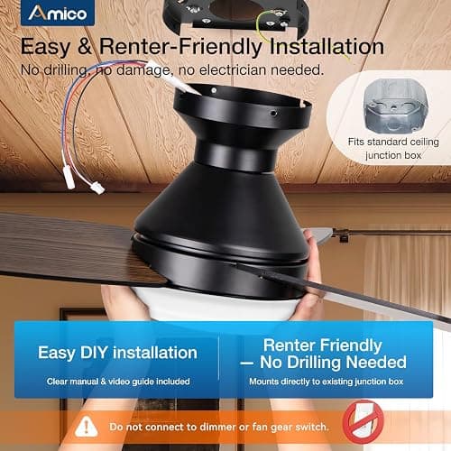 Amico 42 Inch Black Low Profile Ceiling Fans with Lights and Remote | Flush mount, 3-color dimmable light, quiet reversible DC motor, easy install, memory, timer, bedroom, covered outdoor areas thumbnail 7