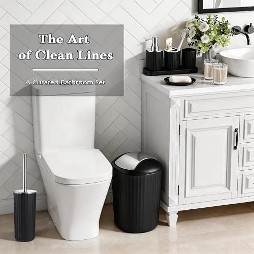 Black Bathroom Accessories Set, 10Pcs Bathroom Accessory Sets Complete with Trash Can, Shower Curtain, Vanity Tray, Soap Dispenser, Soap Dish, Toothbrush Holder&Cup, Toilet Brush&Holder, Qtip Holder thumbnail 6
