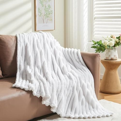 NEWCOSPLAY Super Soft Twin Blanket White Premium Silky Flannel Fleece 3D Ribbed Jacquard Lightweight Bed Blanket All Season Use (White Ribbed, Twin(60"x80")) - White Ribbed - Twin(60"x80") thumbnail 9