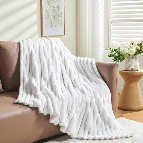 NEWCOSPLAY Super Soft Twin Blanket White Premium Silky Flannel Fleece 3D Ribbed Jacquard Lightweight Bed Blanket All Season Use (White Ribbed, Twin(60"x80")) - White Ribbed - Twin(60"x80") thumbnail 9