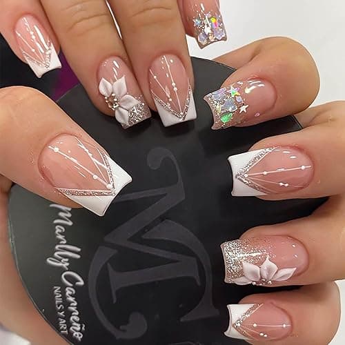 RUOKEXIN Square Press-on Nails - White French Tip Fake Nails with Glitter Designs, Medium Length, 24pcs