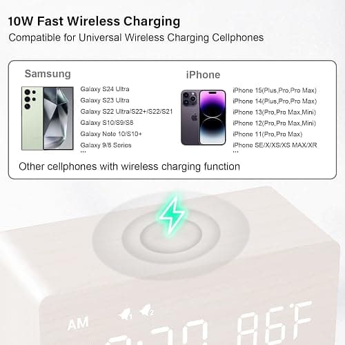 MOSITO Digital Wooden Alarm Clock with Wireless Charging, 0-100% Dimmer, Dual Alarm, Weekday/Weekend Mode, Snooze, Wood LED Clocks for Bedroom, Bedside, Desk, Kids (White) thumbnail 4