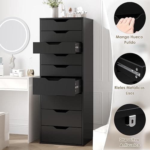 FOREHILL Cómodas y Cajoneras, Sinfonier Dormitorio Alto, Cajonera con 9 Cajones, Cajonera Armario Interior, Mueble Almacenaje para Dormitorio, Salón, Moderno Negro 45x40x124.5cm thumbnail 6