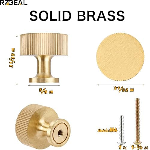 RZDEAL 6pcs Solid Brass Cabinet Knobs Pulls - Gold Modern Handles (1"x1"/25mmx25mm), Brushed Brass Finish - 6 - 1 Inch thumbnail 3