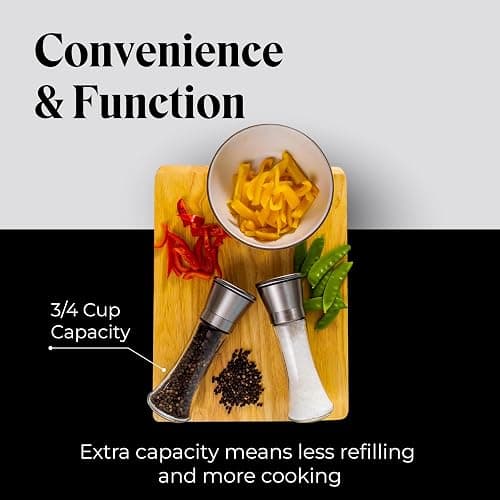 Willow & Everett Salt and Pepper Grinders - Set of Premium Stainless Steel Mills w/Stand – Tall Shakers w/Adjustable Coarseness - Salt & Pepper Mills w/Lids thumbnail 7