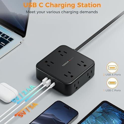Power Strip Surge Protector 10 Ft Cord, TESSAN 8 AC Outlets 3 USB Charger (1 USB C Port), Thin Flat Extension Cord 10 Feet, Flat Plug, 900 Joules Protection, for Home, Office, Dorm Room Essentials thumbnail 4