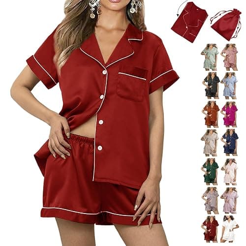 WJing Yi Jia Womens 3Pcs Floral Pajamas Sets Silk Satin Sleepwear XS~4XL Button Down Short Sleeve Shirt Pjs Loungewear thumbnail 5