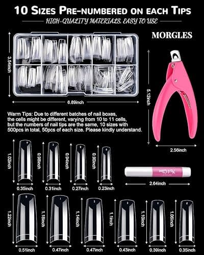 MORGLES Clear Acrylic Nail Tips 500pcs Square Half Cover for Beginners | ABS Plastic, with Glue, Clipper, Files, Cuticle Tool, 10 Sizes 0–9, Works with Dip Powder, Gel Polish, for DIY, Home Use thumbnail 2