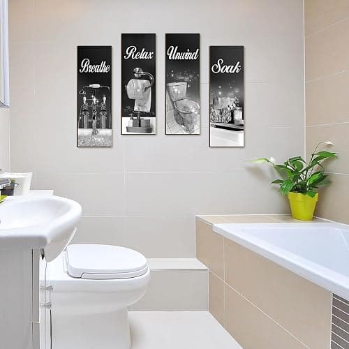 Honoson 4 Pcs Silver and Black Bathroom Decor Bathroom Picture Wall Art | Wooden, 11.8 x 3.9 Inch, Farmhouse Hanging Sign with Soak Unwind Relax Breathe, Wall Decor for Spa Laundry Home thumbnail 5