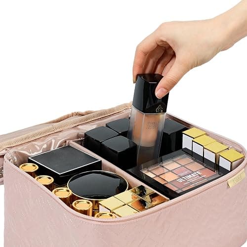 NISHEL Large Double Layer Travel Makeup Bag Women, Cosmetic Case, Organizer for Travel-Size Accessories Bottles, Brushes, Conditioner, and Skin Care Products, Pink thumbnail 5