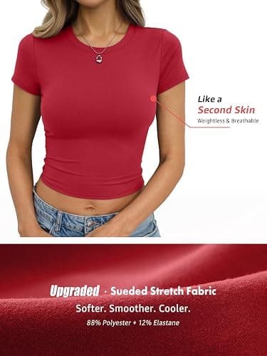 Eachyes Womens Short Sleeve Crop Tops Slim Fitted Crewneck Baby Tee | Buttery-soft & High-stretch Fabric, Summer Basic T Shirts, Y2k Casual, Going Out&Daily Wear, Layer or Wearing Alone, Workout thumbnail 5