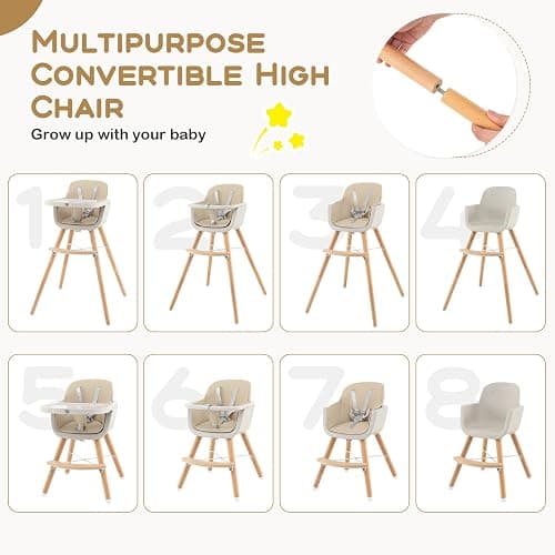 BABY JOY Convertible Baby High Chair, 3 in 1 Wooden Highchair/Booster/Chair with Removable Tray, Adjustable Legs, 5-Point Harness, PU Cushion and Footrest for Baby, Infants, Toddlers (Beige) thumbnail 4