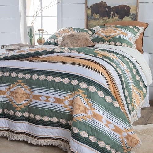 Rod's Zuma (Quilt Set) Southwest Aztec Ruffle - Deep Green, Sage, Tan, Sand, Gold and White - 3 Piece Bedding Set - (1) Full/Queen Quilt (90x90in) and (2) Standard Shams (20x26in) thumbnail 2