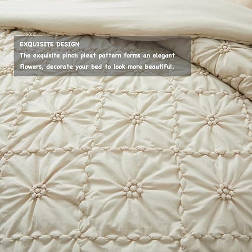 BEDAZZLED King Size Comforter Sets, Beige Bedding Comforter Set, 3 Pieces Pinch Pleat Bedding Sets with Comforter and Pillowcases Soft Farmhouse Shabby Chic Comforter for All Season thumbnail 3