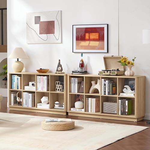 Joaxswe 8 Cube Storage Book Shelf, 52" Long Horizontal Bookshelf with Curved Edge, Floor Standing Wooden Cubby Bookcase with Base, Modern Low Console Book Case, TV Stand for Living Room, Natural Oak thumbnail 5