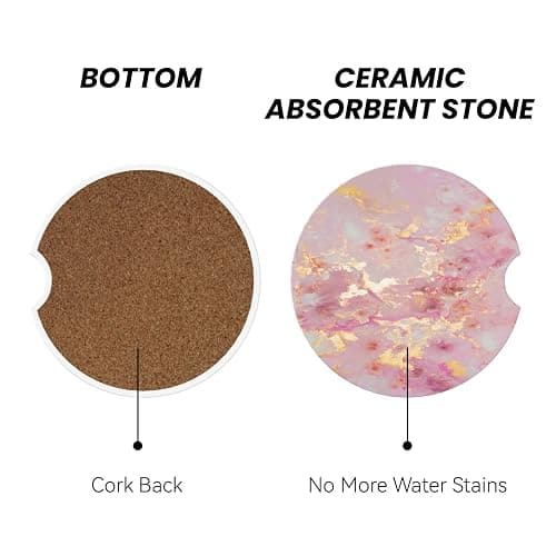 Car Coaster for Cup Holders, 2 Pack Absorbent Ceramic Car Cup Holder Coaster, Cute Auto Assecories for Women Men, Universal Size 2.56 in with Finger Notch & Cork Base, Gold Pink Marble thumbnail 3