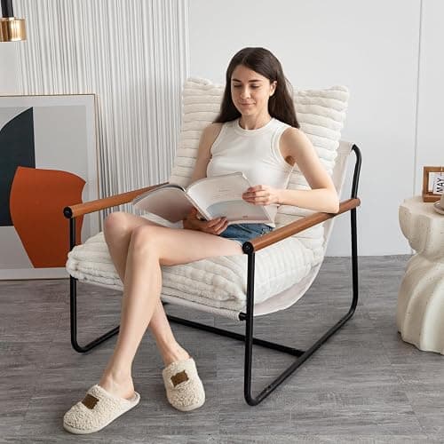 MAXYOYO Accent Chair, Sherpa Arm Chair for Living Room, Mid Century Modern Accent Chairs, Boucle Reading Bedroom Chair, Teddy Armchair, Wooden Arms Metal Frame - White thumbnail 3