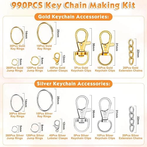 PAXCOO 990PCS Keychain Making Kit, Keychain Craft Supplies Including Key Chain Hooks, Lobster Clasps, Key Rings and Jump Rings for Key Chain Making and Jewelry Making thumbnail 3