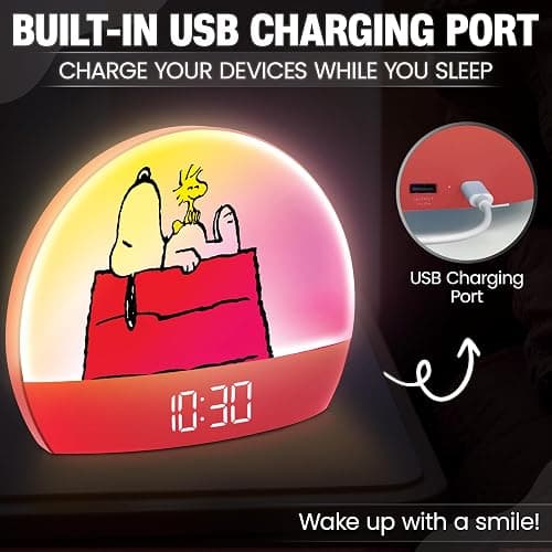 Peanuts Snoopy Sunrise Alarm Clock – Vibrant Snoopy Edition with Multicolor Lights, USB Charging, LED Display, Gentle Wake-Up Simulation, and Handy Snooze Function, Red thumbnail 5