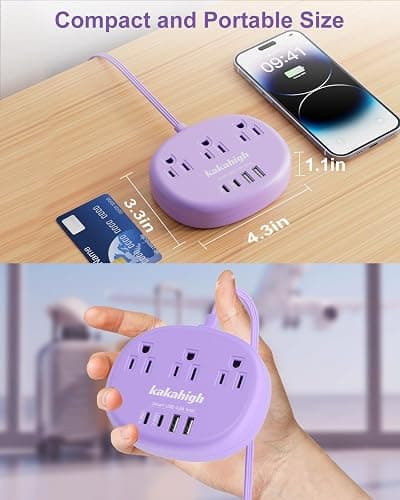 Purple Extension Cord with USB C - 5 FT Flat Power Strip, 1625W Cute Extension Cord with 3 AC Outlet 4 USB (24W/4.8A), Compact for Cute Purple Kawaii Lavender Accessories thumbnail 4