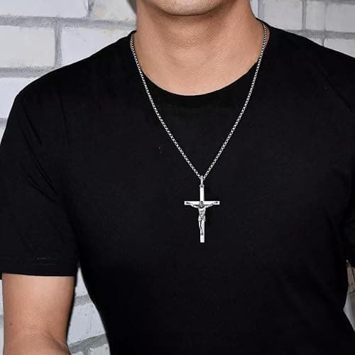 FANCIME Crucifix Cross Necklace Polished Crucifix Necklace Sterling Silver Fine Jewelry Gifts for Him Men, Strong Stainless Steel Box Chain Length 24 Inch thumbnail 5