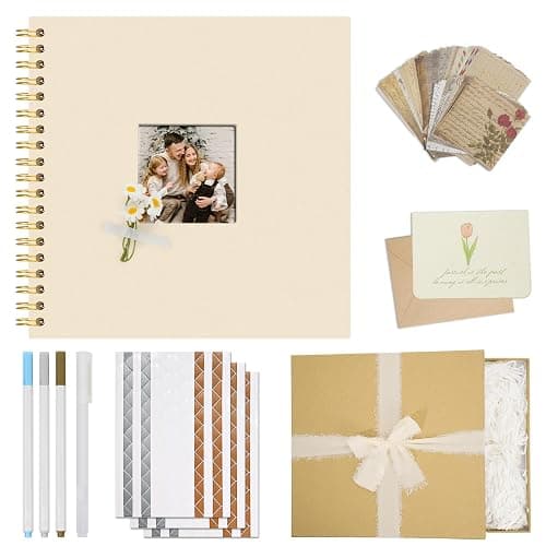 Vienrose 8 x 8 Inch Scrapbook Album Gift Set, Linen Hardcover Photo Book with 40 White Pages, DIY Memory Book Kit with Accessories for Wedding, Baby Shower, Travel, Christmas (Beige, 20 Sheets) - Image 1