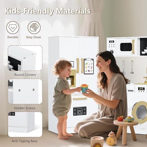Kinder King Wooden Kids Play Kitchen Set, Cookware Accessories, White | Transparent Coloring Board, Pretend Fridge, Toy Kitchen Playset w/Washing Machine, Realistic Kitchen Sets Gift for Ages 3+ thumbnail 9