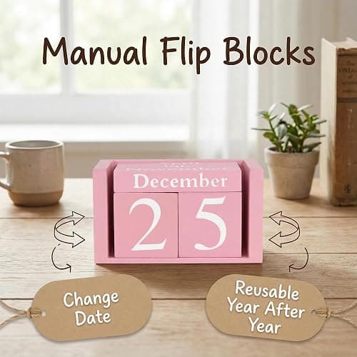 MICKYU Perpetual Wooden Desk Calendar - Pink Farmhouse Decor Block Calendar for Office, Home & Gifts - Reusable Daily Date Display thumbnail 7