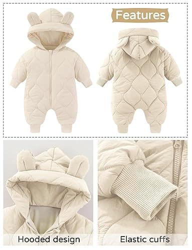Happy Cherry Baby Newborn Snowsuit Winter Coat Romper for Infant Girls Boy Zipper Long Sleeve Cute Baby Snowsuit - 3-6 months - White thumbnail 5