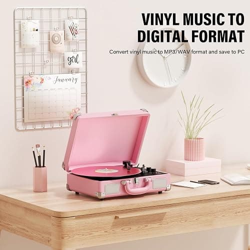 Vinyl Record Player 3-Speed Bluetooth Suitcase Portable Belt-Driven Record Player with Built-in Speakers RCA Line Out AUX in Headphone Jack Vintage Turntable,Pink thumbnail 8