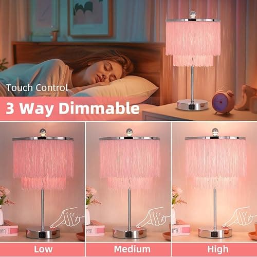 Lovlast Pink Lamp for Girls Room, Fringe Touch Table Lamp for Teens Room | Girly Tassel Lamp with 3-Way Dimmable for Nightstand, Bedside Touch Lamp with USB C+A Ports for Dorm, Dresser, Bulb Included thumbnail 2