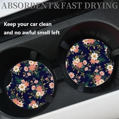 2pcs Flowers Pattern Car Cup Holder Coasters - Hippie Car Accessories, Universal Auto Anti Slip, Rubber Coasters with A Finger Groove thumbnail 2