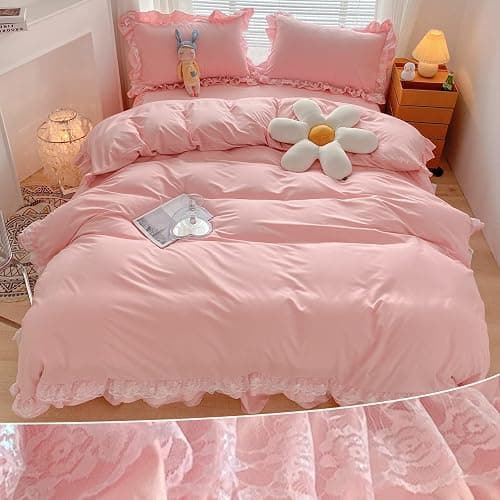 MOOWOO Chic Ruffle Lace Comforter Set -Girl Pink Bedding-2 Piece Twin Bed Quilt -Aesthetic Bedding,Ultra Soft and Durable,Fluffy Bed Comforter Sets for All Season - Image 1