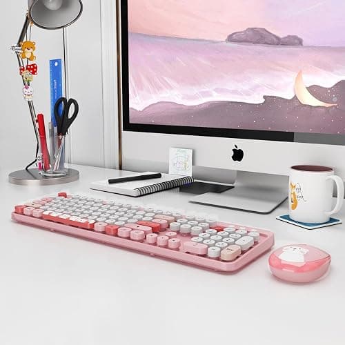 Wireless Keyboard,KOOTOP Cute Colorful 104 Keys Typewriter Retro Round Keycaps Keyboard for PC Laptop,Desktop,Windows, Home and Office Keyboards (Pink) - S300 pink thumbnail 8