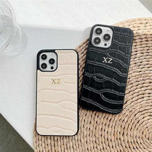 Personalise Gold Silver Initial Letters PU Leather Crocodile Case for iPhone 15 16 17 Pro Max 14 16 17 Pro 14 15 Plus 14 12 13 Pro Max 17 air X Xs Max 11 Pro Max XR Phone Case (Black) thumbnail 3