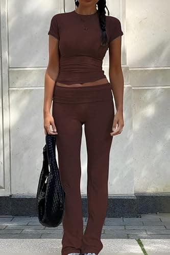 YETOWA Women's 2 Piece Lounge Outfits Slim Short Sleeve Tops Low Rise Flare Leggings Sets Yoga Sweatsuit thumbnail 5