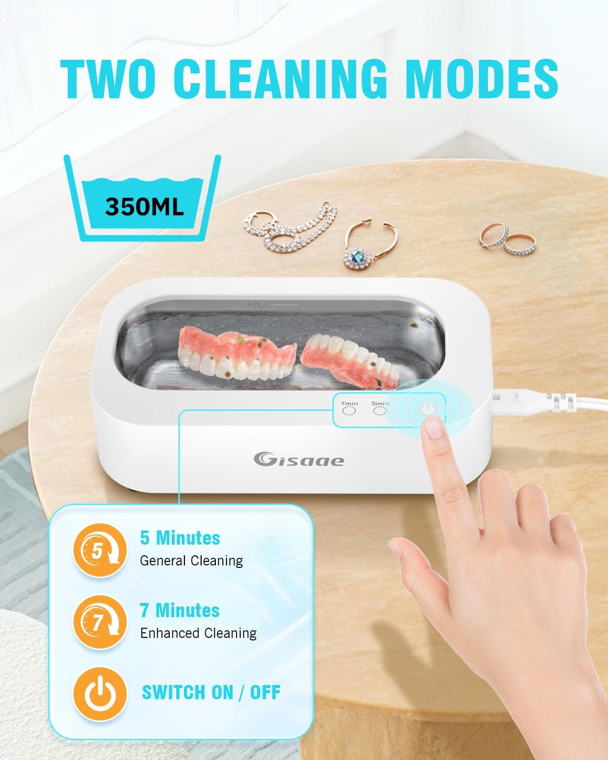 Ultrasonic Jewelry Cleaner, 11.8oz(350ML) Portable Ultrasonic Cleaner with 2 Modes, 48kHz Jewelry Cleaner Ultrasonic Machine for Glasses, Ring, Watch Band, Retainer, Dentures, Coin, Razor thumbnail 4