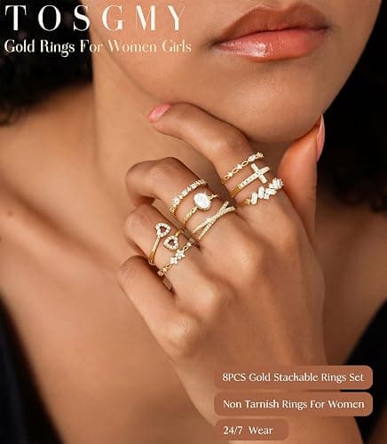 TOSGMY Gold Silver Rings For Women Non Tarnish Gold Plated Stackable Rings Wedding Engagement Bands Dainty 14K Gold Ring Simple Trendy Cubic Zirconia Thumb Stacking Ring Pack Size 4-11 thumbnail 2