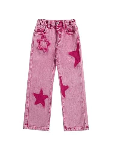 WDIRARA Toddler Girl's Star Print High Waisted Jeans Denim Pants with Pockets - Image 1